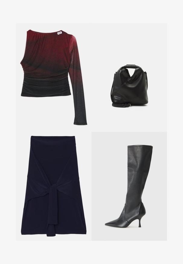 Rød og sort langærmet bluse med en tætsiddende silhuet, rynkede detaljer og en rund udskæring. Glat stof med en ombre-effekt.; Marineblå omslagskørt lavet af blødt, strækkeligt stof med et knyttet design foran, der har en glat overflade og skræddersyede kanter.; Knæhøje sorte læderstøvler med spidse tæer og slanke stiletto-hele. Glat tekstur med en tætsiddende design og syninger ved toppen.; Sort, blødt lædertaske med et unikt snoet design. Har et kort håndtag og en aftagelig skulderrem. Minimalistisk stil.