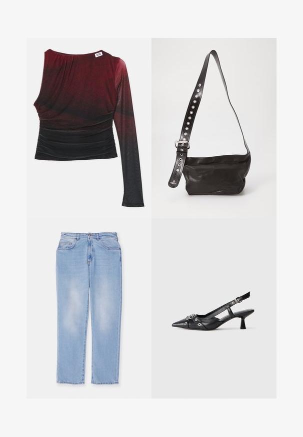Rød og sort langærmet bluse med en tætsiddende silhuet, rynkede detaljer og en rund udskæring. Glat stof med en ombre-effekt.; Lyseblå denim jeans med lige ben, der har fem lommer, en knap- og lynlås Lukning, og minimal falming.; Sort lædersandal med spids tå, dekorative stropper med metaløjer og en lav blokhæl. Struktureret overflade.; Sort læder crossover taske med en struktureret overflade, der har et bredt justerbart rem udsmykket med sølvnitter og en metalspænde.
