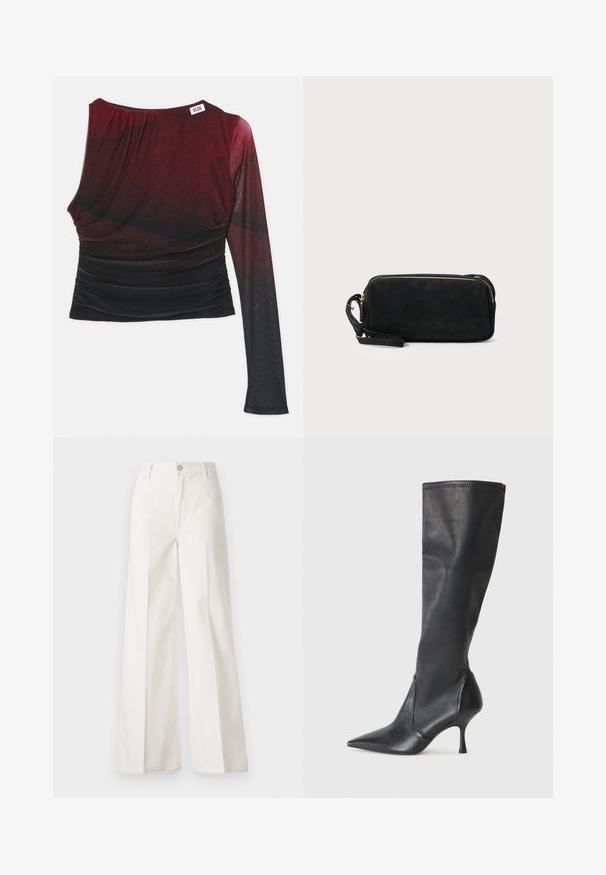 Rotes und schwarzes Langarmoberteil mit einer angepassten Silhouette, gerafften Details und runder Ausschnitt. Glatte Stoffqualität mit einem Ombre-Effekt.; Weiße weite Hosen aus Baumwolle mit glatter Textur. Sie verfügen über einen vorderen Knopf, einen Reißverschluss und ein Design mit vier Taschen.; Knöchelhoche schwarze Lederstiefel mit einer spitzen Zehe und einem schlanken Stiletto-Blockabsatz. Glatte Textur mit einer enganliegenden Passform und Nähten am oberen Rand.; Schwarze Wildleder-Clutch mit einem Reißverschluss und abnehmbarem Handgelenkband. Verfügt über goldfarbene Hardware und eine glatte, matte Oberfläche.