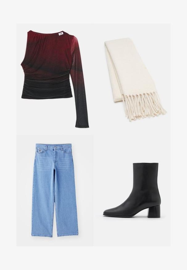 Rød og sort langærmet bluse med en tætsiddende silhuet, rynkede detaljer og en rund udskæring. Glat stof med en ombre-effekt.; Lys blå brede ben jeans lavet af denim, med et klassisk fem-lomme design og en knaplukning. Glat tekstur, slidte kanter.; Sorte læder ankelstøvler med spids tå og en kraftig firkantet hæl. Glat overflade med et sømløst design og minimalistisk syning.; Hvidt tørklæde med et struktureret mønster og frynser i enderne. Materialet virker blødt og let, omhyggeligt foldet for udstilling.; Sort tote taske lavet af tekstureret materiale, med to lange håndtag og et enkelt, minimalistisk design uden synligt hardware.