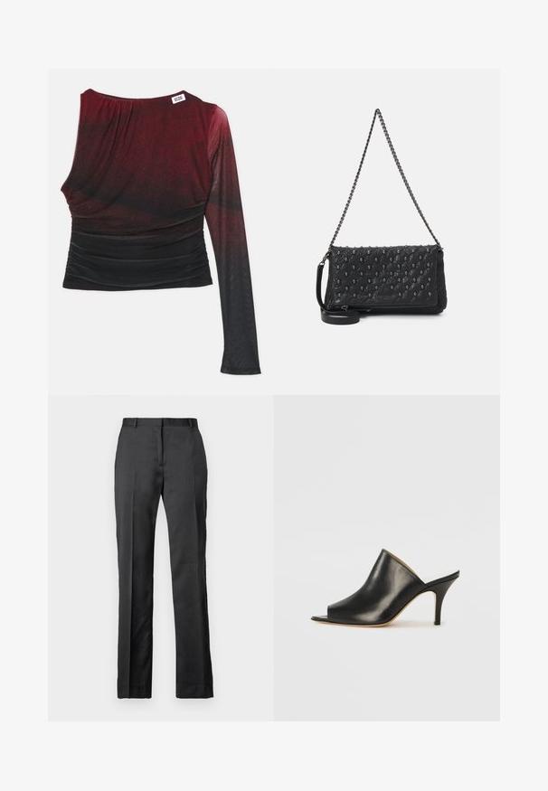 Rød og sort langærmet bluse med en tætsiddende silhuet, rynkede detaljer og en rund udskæring. Glat stof med en ombre-effekt.; Skræddersyede sorte bukser fremstillet af et glat stof. Har en lige ben-design, flad front og diskret strækdetalje.; Sort læder åben tå mule med et slankt, buet design, høj stiletto hæl og glat tekstur. Indersiden har en kontrasterende lys farve.; Sort quiltet lædertaske med kæderyg, prydet med kraniumdetaljer og en lynlåslukning. Struktureret overflade med en glansfuld finish.