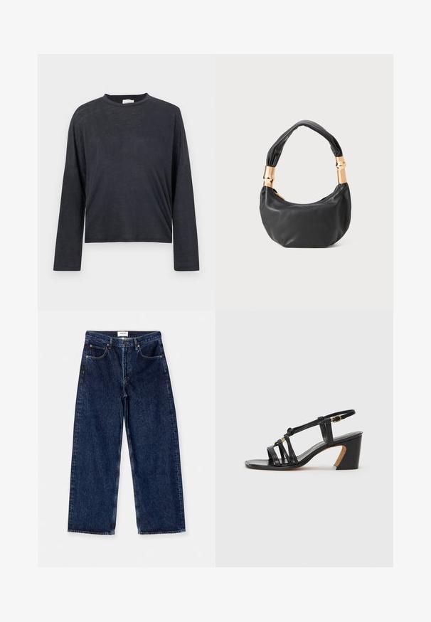 Sötétszürke, hosszú ujjú, rövid fazonú póló, könnyű, enyhén texturált anyagból készült. Kerek nyakkivágással és laza szabással rendelkezik.; Sötétkék farmer széles lábú nadrág magas derékkal, elülső zsebekkel, sima textúrával és finom varrásdíszítéssel.; Paul Smith AMIRA - Klasszikus sarkú cipők - black; Fekete bőr kézitáska kerek formával, puha textúrával és csomózott fogantyúval, aranyszínű fém díszítéssel. Cipzáras záródás.