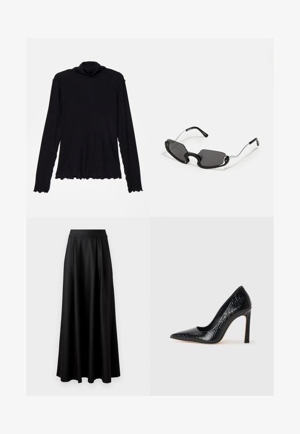 Rodebjer CISNE  - Longsleeve - black; Zwarte rok tot op de vloer met een gladde textuur, brede tailleband en geplooid ontwerp, zonder zichtbare patronen of versieringen.; Zwarte puntige hoge hak schoen met een krokodillenleren textuur, met een slank ontwerp, hoge stiletto-hak, en een gladde zwarte binnenkant.; Zwarte zonnebril met een unieke schildvorm, voorzien van donkere lenzen en dunne zilveren metalen armen. De montuur heeft afgeronde accenten en een gedurfd ontwerp.