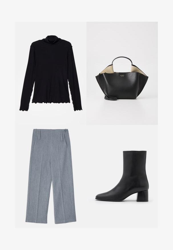 Rodebjer CISNE - Long sleeved top - black; Light gray, wide-leg trousers made of textured fabric, featuring two front pleats and two side pockets. Clean, tailored design.; Black leather ankle boot with a pointed toe and a chunky square heel. Smooth texture with a seamless design and minimalistic stitching.; Ree Projects ANN TOTE MINI - Handbag - black