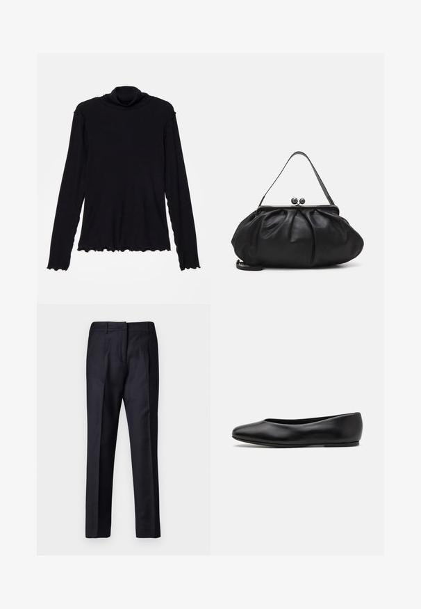 Rodebjer CISNE - Top dugih rukava - black; Mornarske krojene hlače s glatkom teksturom, koje imaju ravni prednji dio, dvostruke nabore i petlje za remen. Ravne nogavice, s obrubljenim rubom.; Paul Smith TOPANGA - Balerinke - black; Crna kožna torba s zaobljenim, naboranim dizajnom. Ima metalnu kopču s dva ukrasna gumba i tanki, odvojivi remen.