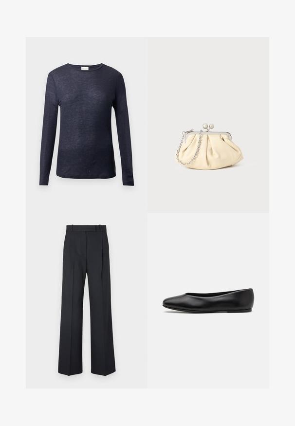 Mornarsko plava majica s dugim rukavima i okruglim izrezom, meke teksture, laganog materijala i opuštenog kroja. Oznaka branda vidljiva na izrezu.; Tamno plave prugaste hlače visokog struka, širokih nogavica, bez vidljive opreme ili ukrasa. Glatka tekstura i kroj prilagođen tijelu.; Paul Smith TOPANGA - Balerinke - black; Nabrana bež kožna torbica s srebrnim metalnim okvirom, koja sadrži dva okrugla dekorativna kopčanja i srebrnu lančanu naramenicu.