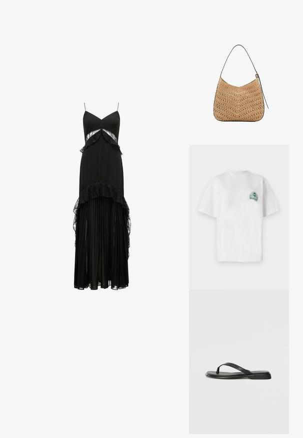 White cotton t-shirt with short sleeves and a round neckline. It features a green graphic print on the left chest.; Black maxi dress with spaghetti straps, lace accents, layered ruffles at the waist, and a pleated skirt. Smooth texture, elegant silhouette.; Black flip-flop made of smooth leather, featuring a thin strap design and a flat sole with a minimal profile. No notable patterns or accents.; Woven straw shoulder bag with a curved shape, featuring a dark leather strap and a textured surface with a chevron pattern.