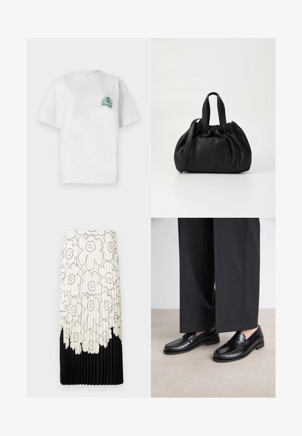 T-shirt en coton blanc à manches courtes et col rond. Il présente un motif graphique vert sur la poitrine gauche.; Jupe plissée avec un motif floral en noir et blanc, présentant une partie supérieure claire avec des fleurs et un ourlet inférieur noir uni.; Mocassins en cuir noir avec une finition lisse, descoutures autour de l'orteil et une semelle en caoutchouc basse. Assortis à un pantalon large noir.; Sac à main en cuir noir avec un design à haut froncé, doté de deux poignées courtes et d'une bandoulière longue et réglable. Texture lisse, forme arrondie.