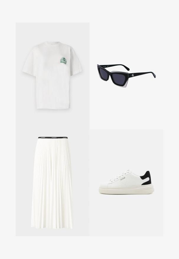 Weißes Baumwoll-T-Shirt mit kurzen Ärmeln und rundem Ausschnitt. Es verfügt über einen grünen Grafikdruck auf der linken Brust.; Faltenrock aus Weiß mit einem schwarzen elastischen Bund, der das "LACOSTE"-Logo trägt. Mittellanges Design mit weicher Textur.; Weiße Leder-Sneaker mit einer dicken weißen Sohle, schwarzem Wildlederakzent an der Ferse und geprägtem Logo an der Seite. Schnürdesign mit sechs Ösen.; Schwarze übergroße Sonnenbrille mit geometrischer Form, ausgestattet mit dunklen Gläsern und einem kontrastierenden grauen Detail im Rahmen. Logo am Bügel.