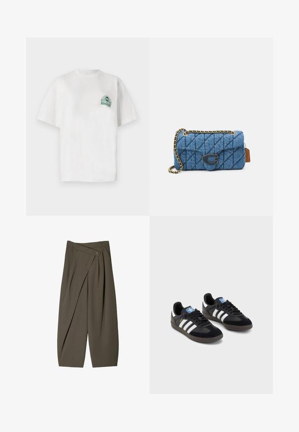 Bílá bavlněná tričko s krátkým rukávem a kulatým výstřihem. Na levé straně hrudi má zelený grafický potisk.; Široké kalhoty z tmavě olivově zelené látky, s plisovaným předním designem, knoflíkovým uzávěrem a lesklým, strukturovaným povrchem.; Černé tenisky s vrškem z semiše a syntetického materiálu, s třemi bílými pruhy, texturovanou gumovou podrážkou a modrou nášivkou loga na jazyku.; Modrá prošívaná džínsová kabelka na rameno se zlatým řetízkovým popruhem a výrazným zlatým logem na přední straně. Kompaktní obdélníkový tvar.