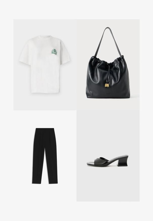 T-shirt en coton blanc à manches courtes et col rond. Il présente un motif graphique vert sur la poitrine gauche.; Pantalon noir à coupe droite, avec des plis doubles, une texture lisse et un design de taille classique. Pas de matériel ou d'accents visibles.; Mules noires à talons avec une finition brillante, bout ouvert et une large bride. Le talon large de forme géométrique ajoute de la stabilité. Détail accentué en argent.; Sac en cuir noir avec cordon de serrage, texture lisse, partie supérieure froncée et matériel doré discret. Dispose d'une seule sangle robuste et d'un logo embossé.