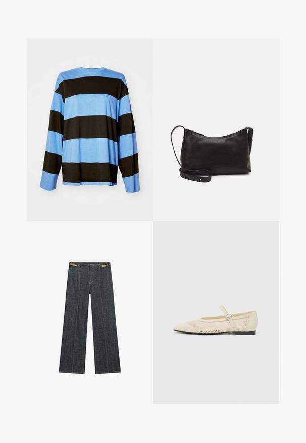 Langærmet t-shirt med vandrette striber i lys blå og sort. Fremstillet af blødt stof med en afslappet pasform og rund halsudskæring.; Mørk vask denim bredbensbukser med høj talje. Har synlig syning, knaplukning og en unik kædeaccent i taljen.; Beige balletflader med spids tå, mesh design overlay og en side spænde. Flad sål med en glat tekstur.; Sort læder skuldertaske med en glat tekstur, buet form, justerbar rem og lynlås. Minimalistisk design uden udsmykninger.; Sølvring med dobbeltbånd og en glat, poleret overflade. Den har et flydende, buet design med overlappende sektioner for et moderne udtryk.