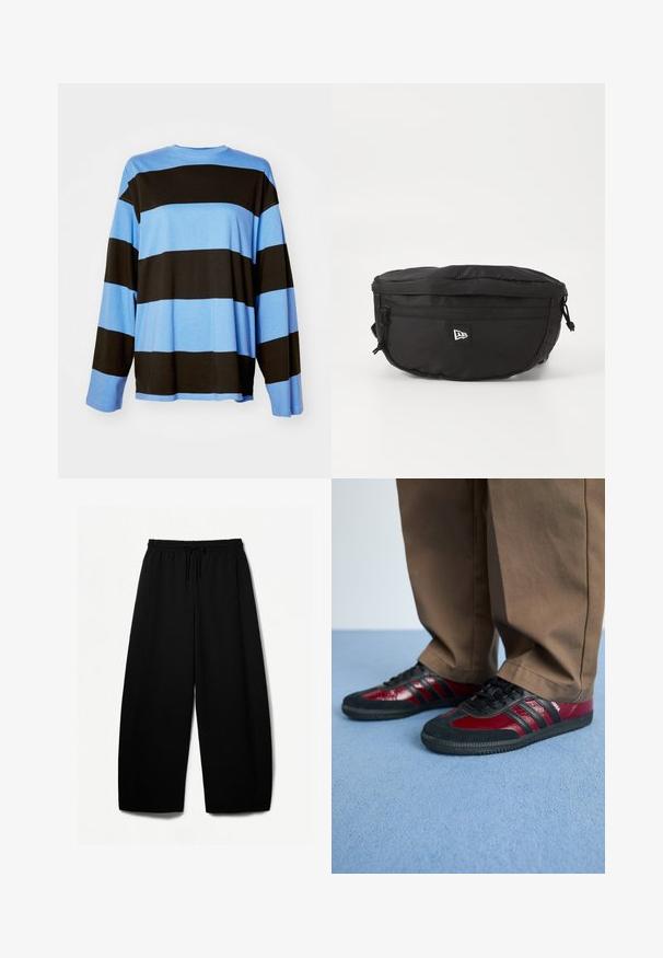 Langsleeve T-shirt met horizontale strepen in lichtblauw en zwart. Gemaakt van zachte stof met een relaxte pasvorm en ronde hals.; Zwarte broek met wijde pijpen, voorzien van een elastische tailleband en een trekkoord. Zachte stof met een gladde textuur. Rechte snit met zijnaad.; Zwarte en bordeauxrode sport schoenen van leer en suède, met zwarte veters en drie zwarte strepen aan de zijkant. Rubberen zool.; Zwarte heuptas van nylon; beschikt over een voorkant met ritszak, verstelbare schouderband en een logo-embleem. Ronde vorm met een gladde textuur.