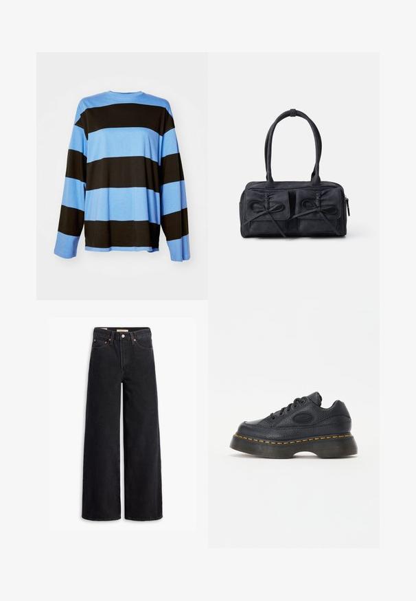 Langärmliges T-Shirt mit horizontalen Streifen in Hellblau und Schwarz. Gefertigt aus weichem Stoff mit lockerer Passform und Rundhalsausschnitt.; Schwarze weite Jeans aus Denim mit fünf Taschen, Kupferrivets und einem klassischen Knopfverschluss. Glatte Textur mit einem klaren Design.; Schwarze Ledersneaker mit strukturiertem Finish, rundem Zeh und dicker Plattformsohle. Mit gelben Akzentnähten und gebrandetem Seitenlogo.; Schwarze Stoffhandtasche mit zwei vorderen Taschen, die mit Schleifendetails versehen sind, doppelten Griffen und einem Reißverschluss. Weiche Textur und rechteckige Form.