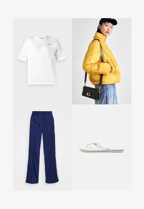 Bílá bavlněná tričko s krátkým rukávem. Na hrudi se nachází zelené logo s nápisem "THE MOON." Klasický střih s kulatým výstřihem.; Námořnické sportovní kalhoty s elastickým pasem, rovnými nohavicemi a bočními zipy. Na bocích mají bílé lemování. Hladká textilie.; Bílé žabky s texturovanou podešví, úzkými pásky a vícebarevnou ozdobnou linkou na podrážce. Na pásku je umístěno logo.; Žlutá vyteplená bunda s vysokým límcem a přední kapsou, doplněná černou kabelkou přes rameno se zlatými detaily. K tomu casual džíny.