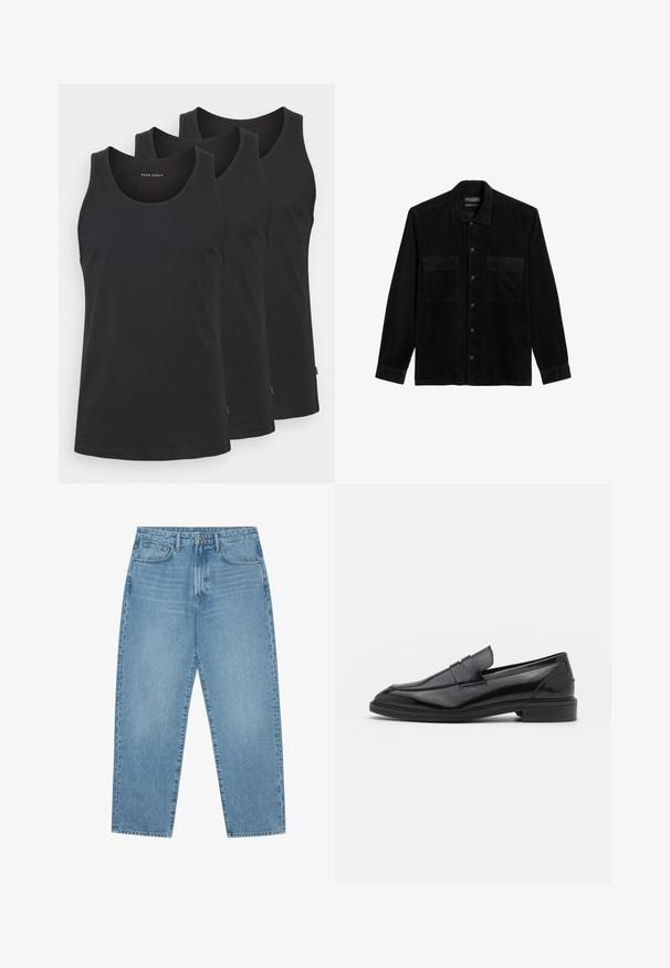 Zwarte katoen tanktops in een set van drie. Voorzien van een ronde halslijn, mouwloos ontwerp en een rechte zoom. Glad textuur, minimale branding.; Zwarte corduroy blouse met lange mouwen, knopen voorkant, klassieke kraag en twee borstzakken. Zachte textuur met verticale ribbels.; Lichtblauwe denim wijde jeans met een hoge taille, voorzien van vijf zakken, riemlusjes en een zachte, licht vervaagde textuur.; Zwarte leren instappers met een gladde afwerking, voorzien van een ronde neus en een smalle band over de bovenkant. Lage gestapelde hak.