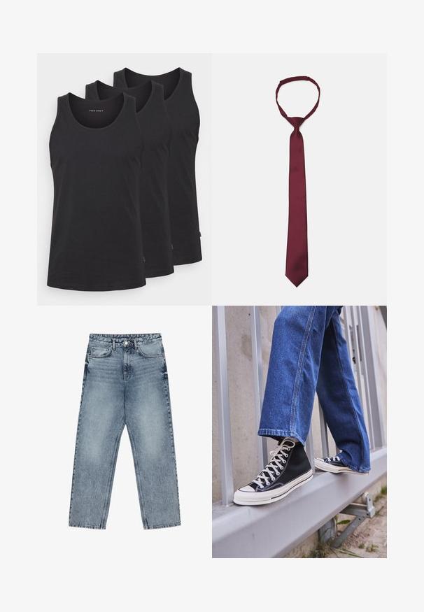 Sorte bomulds tanktops i et sæt af tre. Har en rund halsudskæring, ærmeløst design og en lige kant. Glat tekstur, minimal mærkning.; Lysblå denim jeans med lige ben, synlig syning, fem lomme-design og knaplukning ved taljen.; Sorte høj-top sneakers med hvid sål og snørebånd, parret med løse blå denimjeans, hvilende på et gråt gelænder.; Bordeaux satin slipset med en glat tekstur, smal bredde og spids spids; har en løkke for nemt brug.