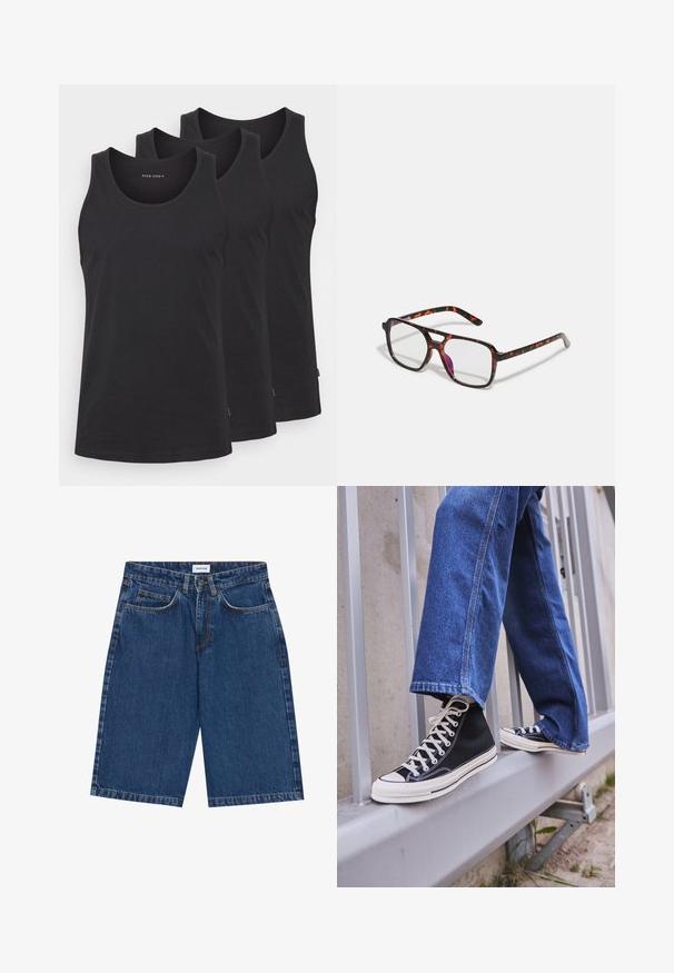 Canottiere nere in cotone in un set di tre. Caratterizzate da un collo rotondo, design senza maniche e orlo dritto. Texture liscia, branding minimal.; Pantaloni corti in denim blu scuro, caratterizzati da un design a cinque tasche, taglio dritto e cuciture a vista. Tessuto liscio e vita media.; Scarpe da ginnastica nere alte con suola e lacci bianchi, abbinate a jeans di denim blu larghi, appoggiate su un parapetto grigio.; Occhiali tartarugati con lenti rettangolari, montatura nera e arancione, caratterizzati da una finitura lucida e aste sottili.