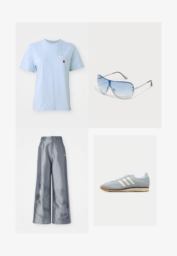 Tricou scurt din bumbac, de culoare albastru deschis, cu mânecă scurtă, având un mic buzunar pe piept cu etichetă logo. Gât rotund simplu, textură netedă.; Pantaloni cu picioare largi din material lucios gri, având dungi laterale albe și un model cu flăcări pe picioarele inferioare. Închidere cu nasture și fermoar la talie.; Adidași din suede albastru deschis cu trei dungi albe, talpă din cauciuc și plasă texturată. Dispune de o vârf neted și un logo pe toc.; Ochelari de soare aviator cu lentilă gradient albastră, ramă metalică argintie și accente decorative sub formă de stele pe lentilă. Design neted și elegant.