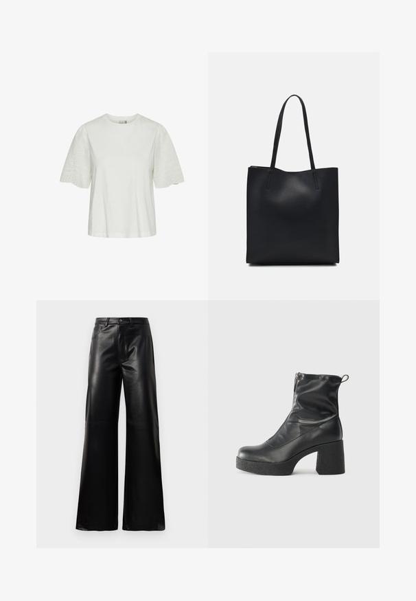 Bela bombažna majica s kratkimi, napihnjenimi rokavi, ki vsebuje vezenine cvetličnih vzorcev in detajle z odprtinami na rokavih. Standardna zasnova s okroglo ovratnikom.; Črne široke hlače iz umetnega usnja z visokim pasom, sprednjim gumbom, zadrgo, zanke za pas in stranskimi žepi na beli podlagi.; Črne gležnjarje iz gladke kože z božnim zadrgo, masivnim teksturiranim peto in zaobljeno obliko prstov.; Črna usnjena torba s svilnato teksturo, pravokotne oblike in dvema dolgima ročajema. Brez vidnih metalnih delov ali okrasnih elementov.