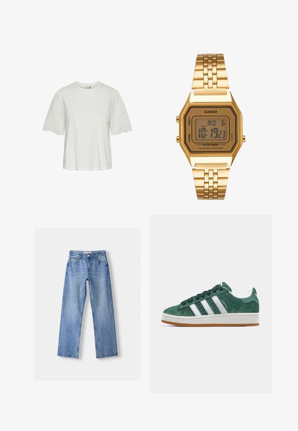 Valkoinen puuvillainen t-paita lyhyillä puffi-hihnoilla, joissa on brodeerattuja kukkakuviota ja läpivienneitä yksityiskohtia hihnoissa. Standardi pyöreä pääntie.; Vaaleansiniset denim-farkut suoranlahkeisella muotoilulla, joissa on viisi taskua, etupainikeh closure ja hienovarainen haalistuminen pintakuvioinnin vuoksi.; Vihreät samettiset lenkkarit, joissa on valkoiset nahkakaistat, kumipohja, pehmustettu kaulus ja minimalistinen muotoilu. Sivulla on brändäys.; Kultainen digitaalikello, jossa on suorakulmainen näyttö, LCD-näyttö, ruostumattomasta teräksestä valmistettu ranneke ja sivuilla olevat painikkeet. Varustettu vedenkestävä etiketti.