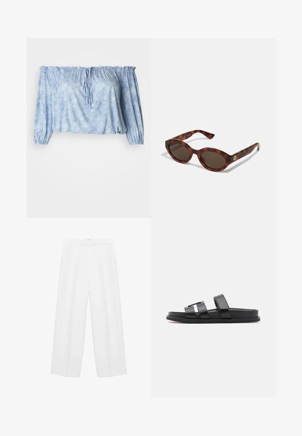 Blůza bez ramínek v světle modré barvě s texturovaným vzorem, nabíranými rukávy, stahovací šňůrkou na výstřihu a elastickým lemem.; Hnědá lněná blůza s límcem, hlubokým výstřihem do V a širokými zvonovými rukávy. Vyznačuje se vertikálními bílými pruhy a uvolněným, hranatým střihem.; Široké bílé kalhoty s hladkým povrchem, mají vysoký pas a dvě boční kapsy. Jednoduchý design bez viditelných vzorů.; Černé ploché sandály s dvěma širokými pásky a minimalistickým designem. Vyrobené z hladkého syntetického materiálu s plochou podrážkou.; Kočičí sluneční brýle s kulatými rámy, tmavými skly a zlatým logem na stranách. Hladký plastový materiál, bez viditelných vzorů.