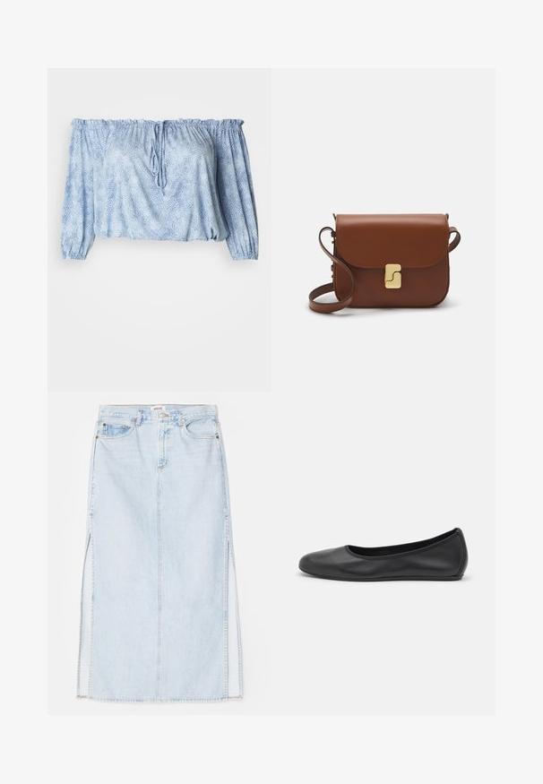 Šviesiai mėlyna off-the-shoulder palaidinė su tekstūruotu raštu, surinktomis rankovėmis, kaklo raišteliu ir elastingu apačia.; Šviesiai mėlynas džinsinis maksi sijonas su tiesiu kirpimu, su šoninėmis išpjovomis ir penkių kišenių dizainu. Išryškintas siuvinėjimas ir metalinė sagtis.; Juodai odiniai baletai su apvaliu pirštu, lygi texture, minimalus siuvimo detales ir lanksčiu padų dizainu.; Ruda odinė rankinė su uždaromu dangteliu, aukso spalvos detalėmis, petneša ir lygiu paviršiumi. Kompaktiška stačiakampio formos.
