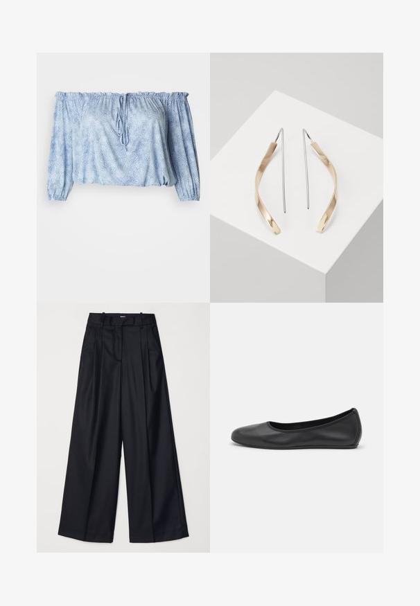 Off-shoulder bluse i lys blå med tekstureret mønster, samlet ærmer, snøre i halsen og elastisk kant.; Sorte breddebenede bukser lavet af glat stof, med høj talje, læg og skræddersyet design. Enkel sort hardware i talje.; Sort læderballetsko med rund tå, glat tekstur, minimal syning og et fleksibelt såldesign.; Gul- og sølvdråbeøreringe med en bueformet, forlænget form. Skinnende overflade med en glat tekstur og minimalistisk design.