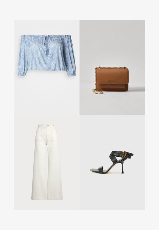 Gaišzila off-the-shoulder blūze ar teksturētu rakstu, ar savilktām piedurknēm, aukliņu ap kaklu un elastīgu apakšmalu.; Platās kājas džinsi off-white denima. Augsta jostasvieta ar pogu aizdari, divas priekšējās kabatas un kontrastējošas šuvju detaļas.; Melna augsta papēža sāndele ar krustotiem siksniņām un regulējamu sprādzi. Iespēlēts gluds tekstūra un pakāpenisks stiletto papēdis.; Brūna teksturēta ādas plecu soma ar zelta ķēdes siksnu un atloka aizdari. Priekšpusē ir logotipa detaļa un kabata zem atloka.