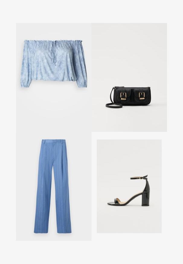 Gaišzila off-the-shoulder blūze ar teksturētu rakstu, ar savilktām piedurknēm, aukliņu ap kaklu un elastīgu apakšmalu.; Gaiši zili platajā kāja bikses ar vertikālām balta līnijām. Izgatavotas no gluda materiāla, ar priekšējo kroku un vienkāršu jostas dizainu.; Melnas patentā ādas sandales ar platām papēžiem, atvērtu purngalu un potītes siksniņu ar zelta sprādzi. Gluda tekstūra un elegants dizains.; Melnas ādas crossbody soma ar divām priekšējām kabatām, zelta sprādzēm, ar rāvējslēdzēju aizdari un šauru siksnu. Strukturēta virsma un kompakta taisnstūra forma.