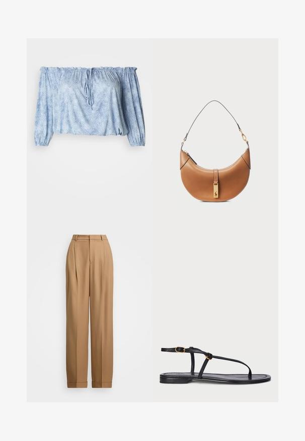 Off-the-shoulder blouse in light blue with textured pattern, gathered sleeves, drawstring at neckline, and elasticized hem.; Beige tailored trousers with a high waist, pleated front, tapered legs, and rolled cuffs. Smooth fabric with a refined texture.; Black flat sandal with a minimalist design. Features thin straps, a toe post, gold hardware accents, and a smooth, textured sole.; Tan leather handbag with a curved shape, gold hardware, and a thin shoulder strap. Features a zipper closure and logo detail on the front.