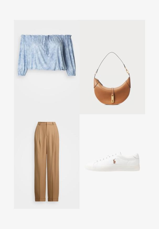 Off-the-shoulder blus i ljusblått med strukturerat mönster, rynkade ärmar, dragsko vid halsringningen och elastisk fåll.; Beiga skräddarsydda byxor med hög midja, veckad front, avsmalnande ben och uppvikta fållar. Slät tyngd med en förfinad textur.; Vita lädersneakers, låg design, med en slät yta, rund tå, snörning fram och en liten broderad logotyp på sidan.; Brun läderhandväska med en böjd form, guldfärgad hårdvara och ett tunt axelband. Har dragkedjestängning och logotypdetalj framtill.