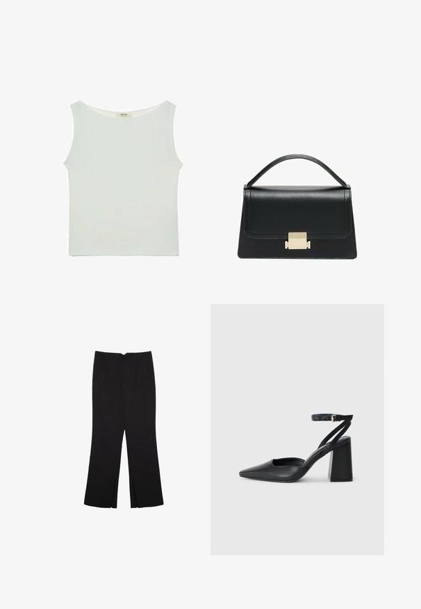 White sleeveless top with a rounded neckline, made from a smooth fabric. Features a relaxed fit and straight hem. No visible patterns or accents.; Black trousers with a straight fit, featuring front pockets and side slits at the hem. Made of soft, smooth fabric. Suitable for various occasions.; Black leather pointy-toe pump with an ankle strap and a chunky heel. Flat texture, sleek design, and minimalistic aesthetics.; Black leather handbag with a structured design, top handle, and a gold metal clasp detail on the front. Smooth texture, minimal stitching.
