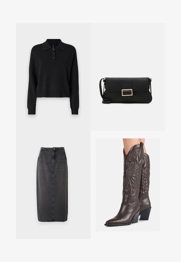 Pull en coton noir tricoté à manches longues, avec un col plat et une patte de boutonnage à trois boutons. Présente des poignets et un ourlet côtelés.; Jupe midi en denim noir à coupe droite, fermeture par boutons sur le devant et poches latérales. Présente une texture lisse et un dégradé subtil.; Bottes de cowboy en cuir marron avec un bout pointu et un talon bloc, présentant des coutures détaillées et des accents en relief sur la tige.; Pochette en cuir noir avec un rabat et un détail en boucle en métal doré. Inclut une sangle noire et un design épuré et minimaliste.