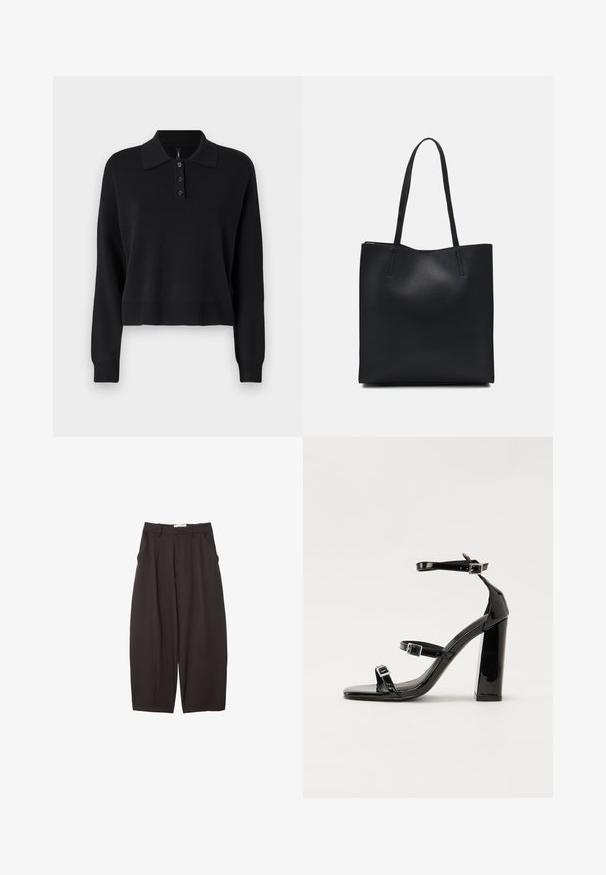 Črn pleteni polo pulover z dolgimi rokavi, s ploskim ovratnikom in z gumbom na tri. Ima rebraste manšete in rob.; Črne široke hlače iz gladkega materiala, z visokim pasom, zgornjimi pregibi in stranskimi žepi. Preprost dizajn brez okrasnih elementov.; Črne lakirane sandale s peto, kvadratnim prstom, trakovi okrog gležnja in srebrnimi zaponkami. Opremljene so s stabilno Debelo peto.; Črna usnjena torba s svilnato teksturo, pravokotne oblike in dvema dolgima ročajema. Brez vidnih metalnih delov ali okrasnih elementov.