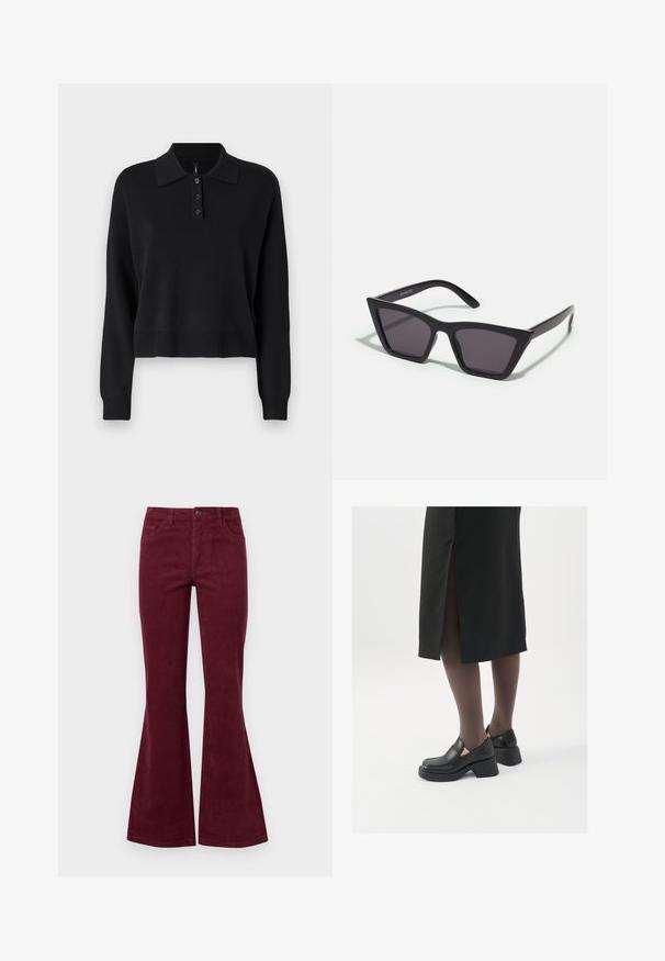 Zwarte gebreide poloshirt met lange mouwen, een platte kraag en een knoopsluiting met drie knopen. Heeft ribgebreide manchetten en een onderkant.; Bordeaux corduroy flare jeans met vijf zakken, een sluiting met een knoop aan de voorkant en een gestructureerde stof. De flare loopt van de knie tot de zoom.; Zwarte leren schoenen met een ronde neus, dikke blokhak en elastische zijkanten, gecombineerd met donkere panty's en een zwarte rok met een split.; Zwarte, hoekige zonnebril met grijze lenzen; gemaakt van plastic, met dikke armen met een gladde oppervlakte en zonder zichtbare hardware.