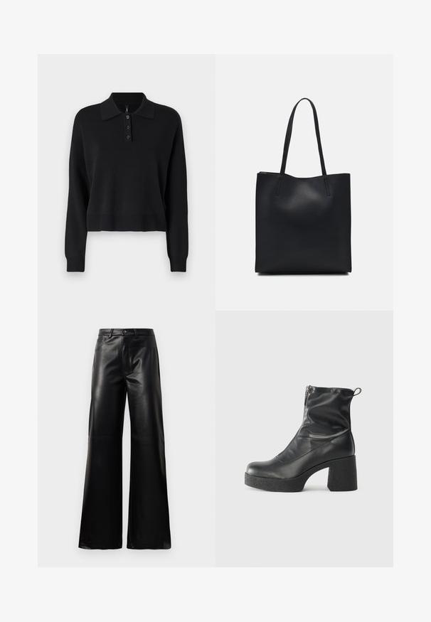 Pulover din tricot negru cu mâneci lungi, guler plat și închidere cu trei butoane. Prezintă manșete și tiv cu nervuri.; Pantaloni negri cu talie înaltă, largi, din piele sintetică, cu nasture frontal, închidere cu fermoar, bucle pentru centură și buzunare laterale pe fundal alb.; Bocanci negri de glezna din piele netedă, cu fermoar lateral, toc texturat și masiv, și design cu vârf rotund.; Geantă tote neagră din piele, cu textură netedă, formă rectangulară și două mânere lungi. Fără hardware vizibil sau ornamente.