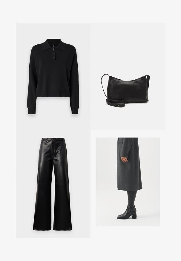 Černý pletený polo svetr s dlouhými rukávy, plochým límečkem a zapínáním na tři knoflíky. Má žebrované manžety a lem.; Černé kalhoty s vysokým pasem a širokými nohavicemi z umělé kůže, s předním knoflíkem, zipovým zapínáním, poutky na pás a bočními kapsami na bílém pozadí.; Šedý padnoucí kabát s rovnou siluetou; kombinovaný s černými koženými botami nad kolena s hranatou špičkou a masivním podpatkem.; Černá kožená taška přes rameno s hladkým povrchem, zakřiveným tvarem, nastavitelným popruhem a zipovým uzávěrem. Minimalistický design bez zdobení.
