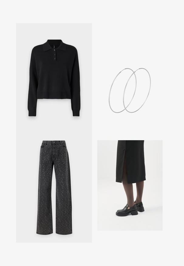Zwarte gebreide poloshirt met lange mouwen, een platte kraag en een knoopsluiting met drie knopen. Heeft ribgebreide manchetten en een onderkant.; Noisy May NMJANNEL LOOSE - Relaxed fit jeans - black denim; Zwarte leren schoenen met een ronde neus, dikke blokhak en elastische zijkanten, gecombineerd met donkere panty's en een zwarte rok met een split.; Zilveren hoepel oorbellen met een minimalistisch ontwerp. Cirkelvormig, gladde textuur en dun profiel. Lichtgewicht met een gepolijste afwerking.