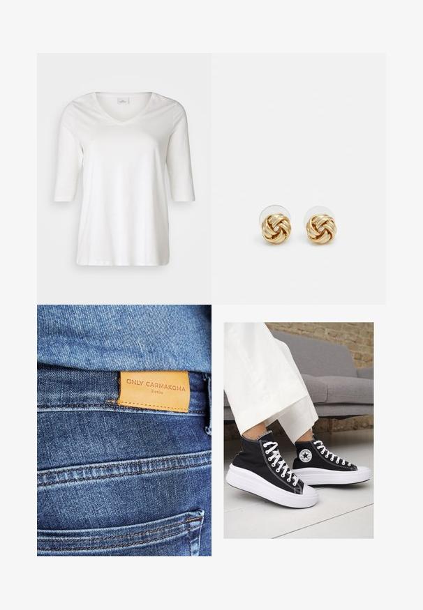 T-shirt branca de decote em V, mangas 3/4, tecido de algodão suave, ajuste solto, textura suave, sem padrões ou detalhes visíveis.; Jeans de ganga azuis com um rótulo de couro castanho com a inscrição "ONLY CARMKOMA Denim," com costura visível e detalhe de bolso lateral.; Ténis de cano alto em lona preta com solas e atacadores brancos. Apresenta um logo circular na lateral e costura branca em contraste.; Brincos de pressão em tom dourado com um design torcido. Cada brinco possui uma base circular transparente para um uso seguro.