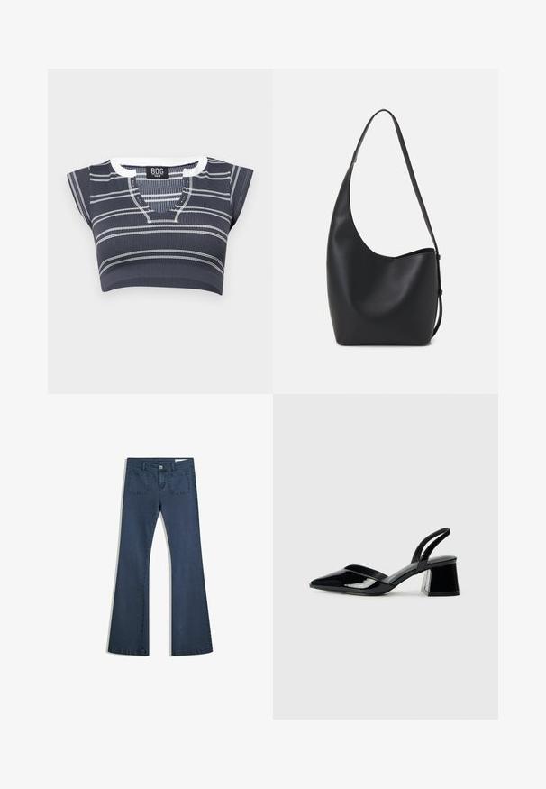 Top scurt de culoare albastru închis, cu dungi orizontale albe, textură ribbed, mâneci scurte și decolteu în V, cu detalii cu nasturi.; Jeans din denim de un albastru închis, cu o croială evazată, buzunare cusute, închidere cu nasture și o textură netedă. Are un design clasic cu cinci buzunare.; Pantofi cu toc slingback din piele lacuită neagră, cu vârf ascuțit și toc geometric. Prezintă un design elegant, minimalist și o textură netedă.; Geantă hobo din piele neagră, cu o textură netedă, formă curbată și un singur bretele ajustabil; are o deschidere largă în partea de sus.