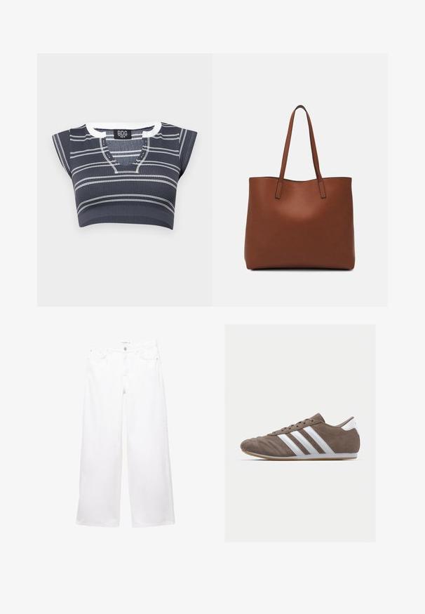 Námornícky modrý krátený top s bielymi horizontálnymi pruhmi, rebrovaná textúra, krátke rukávy a V-krk so detailmi z gombíkov.; Biele denimové nohavice so širokými nohavicami, vyrobené z hladkej tkaniny. Majú uzáver na gombík a zips s dvoma prednými a dvoma zadnými vreckami.; Hnedé semišové športové topánky s bielymi pruhmi, okrúhly špičkový dizajn, šnurovacie zapínanie a gumená podrážka. Texturovaný zvršok s detailmi šitia.; Hnedá kožená taška na rameno s hladkou textúrou, otvoreným vrchom a dvoma ramenými popruhmi. Má minimálne šitia a žiadne viditeľné kovania.