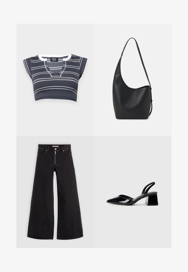Navy blue cropped top with white horizontal stripes, ribbed texture, short sleeves, and a V-neckline featuring button details.; Wide-leg jeans in black denim with a zippered front, five-pocket design, and subtle stitching details. Smooth texture and casual style.; Black patent leather slingback heels with a pointed toe and a geometric block heel. Features a sleek, minimal design and smooth texture.; Black leather hobo bag with a smooth texture, curved shape, and single adjustable strap; features a wide opening at the top.