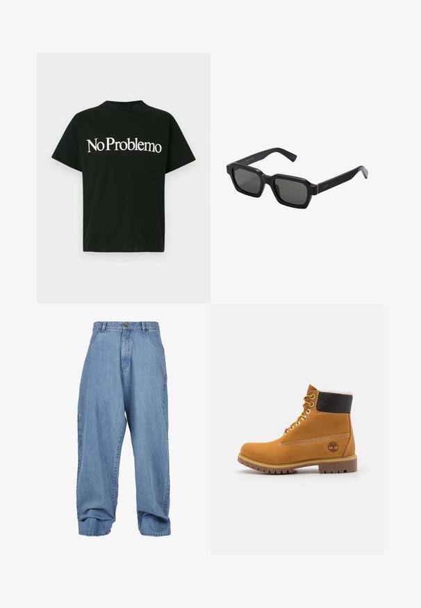 Črna majica s kratkimi rokavi z belim napisom "No Problemo" osredotočena spredaj na enostavni svetli ozadju.; Svijetloplave traper hlače sa širokim krojem, zatvaranjem na dugme, prednjim džepovima i manžetom, s klasičnim pet-džepnim dizajnom.; Rjave usnjene gležnjarje z metalnimi luknjami, belim krznom na notranji strani, črnima oblazinjeno ovratnikom, trdo podplatom in vtisnjenim logotipom na strani.; Črna, kvadratna sončna očala z sivimi lečami. Debeli plastični okviri vsebujejo zlate detajle in blagovno znamko na templju. Gladka tekstura.