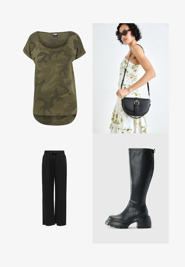 Camiseta de camuflaje en verde oliva hecha de tela suave, con cuello redondo, mangas cortas enrolladas y un dobladillo curvado.; Pantalones de pierna ancha negros, hechos de una tela suave, que cuentan con una cinturilla elástica con cordón para un ajuste ajustable. Sin patrones ni acentos.; Bota alta de cuero negro con suela de plataforma gruesa y tacón cuadrado, que cuenta con una lengüeta y un relieve texturizado en la suela exterior.; Bolso de piel negra con forma curva, correa desmontable y herrajes dorados. El bolso cuenta con una solapa con un detalle de hebilla.