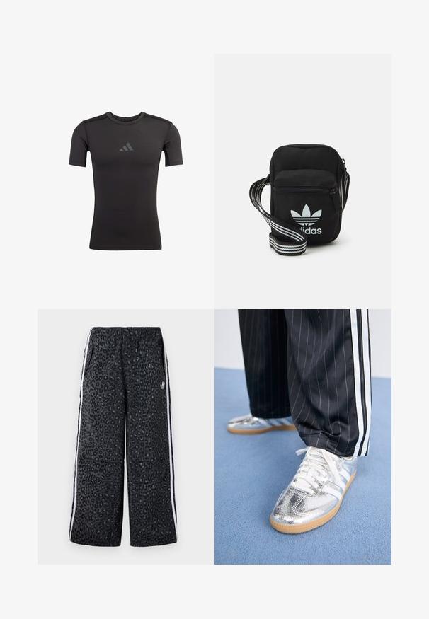 Czarna koszulka sportowa wykonana z elastycznego materiału. Posiada krótkie rękawy i okrągły dekolt. Na klatce piersiowej znajduje się dyskretny nadruk z logo.; adidas Originals UNISEX czarny; Metaliczne srebrne trampki z białymi sznurowadłami i trzema białymi paskami, zestawione z czarnymi spodniami w prążki. Guma na podeszwie na dole.; Czarna torba crossbody wykonana z materiału, z zamknięciem na zamek błyskawiczny, z białym logo Adidas oraz regulowanym paskiem w paski, co ułatwia noszenie.