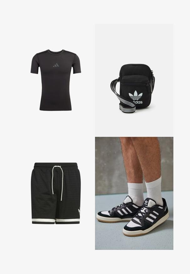 Czarna koszulka sportowa wykonana z elastycznego materiału. Posiada krótkie rękawy i okrągły dekolt. Na klatce piersiowej znajduje się dyskretny nadruk z logo.; Czarne krótkie spodenki sportowe wykonane z teksturowanej siateczki. Posiadają białą sznurówkę i białą linię na hemie. Logo Adidas w kolorze białym.; Czarno-białe sneakersy z zamszową i skórzaną cholewką, z trzema białymi paskami, perforowanym czubkiem i gumową podeszwą w kolorze gumy.; Czarna torba crossbody wykonana z materiału, z zamknięciem na zamek błyskawiczny, z białym logo Adidas oraz regulowanym paskiem w paski, co ułatwia noszenie.