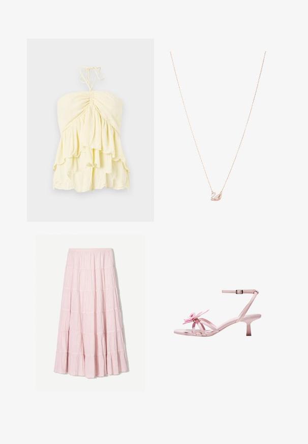 Rumena brezramna majica z nabranim korpusom, ki ima slojevite ruffles. Narejena iz lahkega materiala z mehkobo. Zavezuje se okrog vratu.; Svetlo roza, večerna krila s sloji iz teksturirane, lahke tkanine. Elastika v pasu in padajoči rob z nabrano obrobo.; Roza patenetna usnjena sandala s peto z cvetnim poudarkom na prstu, z nastavljivim trakom okoli gležnja in tanjšim, kratkim petkom.; Ogrlica v rožnato zlato z obeskom v obliki laboda, okrašena s prozornimi kristali. Veriga ima občutljiv dizajn povezav.