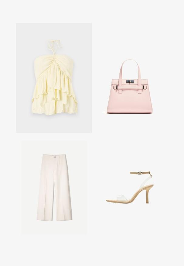 Rumena brezramna majica z nabranim korpusom, ki ima slojevite ruffles. Narejena iz lahkega materiala z mehkobo. Zavezuje se okrog vratu.; Kremne široke hlače s krojem, ki vključujejo dve sprednji žepi in en sprednji gumb za zapiranje, izdelane iz gladkega blaga.; Sandal z jasnim petnikom s prozornim zgornjim delom, bež podplatom in sivim trakcem okoli gležnja. Ima koničast nos in tanek visoki petek.; Roza strukturirana torba iz teksturirane kože, ki ima dva zgornja ročaja, zapiralo na sponko in kontrastne kovinske detajle.