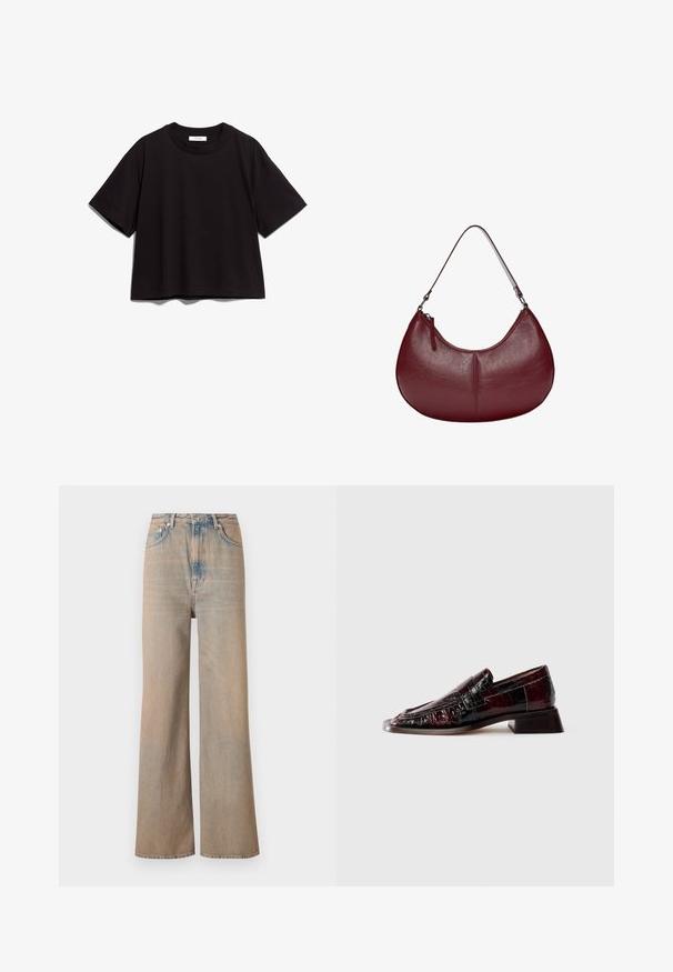 Čierne bavlnené crop tričko s okrúhlym výstrihom a krátkymi rukávmi. Má voľný strih a jednoduchý, nezdobený dizajn.; Svetlo prané široké jeansy s vysokým pásom, vyrobené z denimu. Obsahujú diskrétne švy a päť vreciek, s jemne vyblednutou textúrou.; Tmavočervené lakované kožené mokasíny s textúrovaným povrchom, nízkym blokovým podpätkom a klasickým detailom v podobe pásika na mince, zobrazené z boku.; Bordová kožená kabelka s zakriveným tvarom. Obsahuje jeden ramenný popruh a vrchný zips, ktorý vyzdvihuje hladký, textúrovaný povrch.